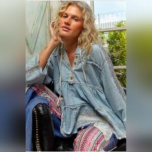 #953 POL Long Sleeve Double Gauze Embroidery Shirring Woven Top